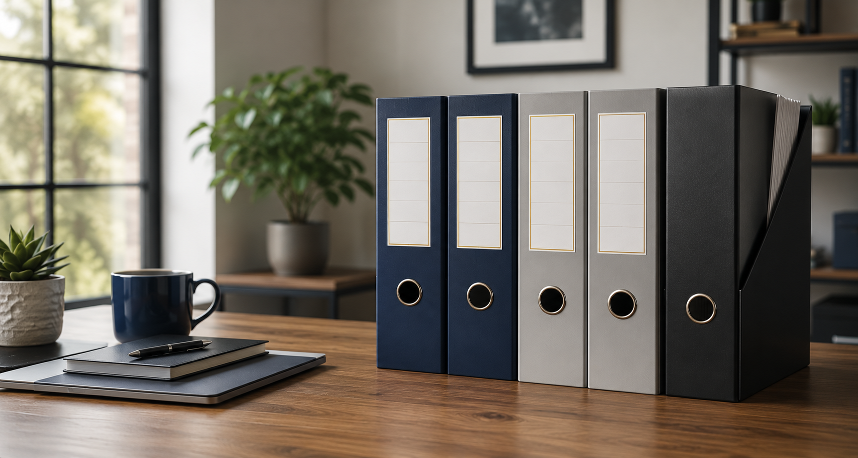 Professional office desk with organized document binders